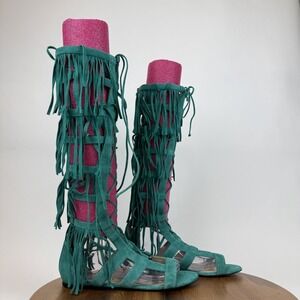 New Womens Longchamp Ghillie Lace‎ Tassel Teal Tall Gladiator Sandals Size EU 40
